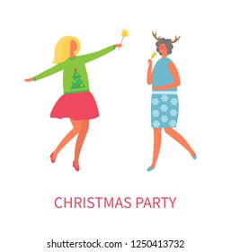 Christmas party of women friend drinking champagne vector. Beverage in glass of lady wearing sweater with pine tree. Lady with reindeer horns costumes