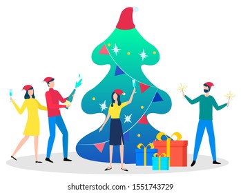 Christmas party at work vector, isolated characters celebrating new year. Company of friends wearing santa hats and opening bottle of champagne. Man and woman by pine tree with glowing garlands