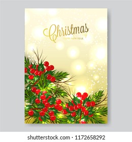 Christmas Party wreath poinsettia, pine branch fir tree, needle, flower bouquet