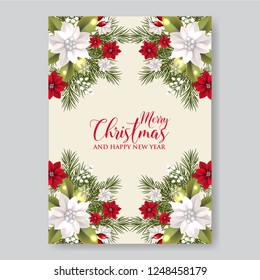 Christmas Party wreath poinsettia, pine branch fir tree, needle, flower bouquet