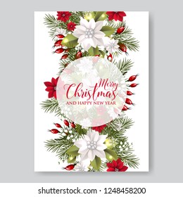 Christmas Party wreath poinsettia, pine branch fir tree, needle, flower bouquet