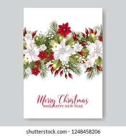 Christmas Party wreath poinsettia, pine branch fir tree, needle, flower bouquet