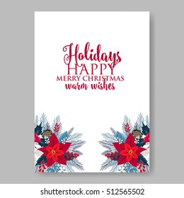 Christmas Party wreath poinsettia, pine branch fir tree, needle, flower bouquet