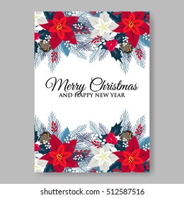 Christmas Party wreath poinsettia, pine branch fir tree, needle, flower bouquet