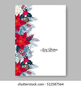 Christmas Party wreath poinsettia, pine branch fir tree, needle, flower bouquet