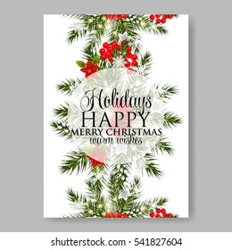 Christmas Party wreath poinsettia, pine branch fir tree, needle, flower bouquet Bridal shower ribbon template wording