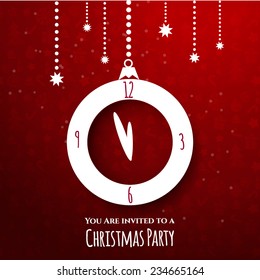 Christmas party. Xmas clock on red background