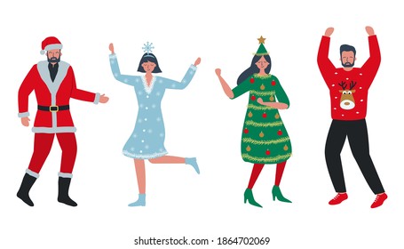 Christmas party. Young people in Christmas costumes. There is Santa Claus, Christmas tree, Snowflake and Deer in the image. Vector illustration