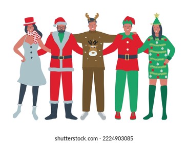 Fiesta de Navidad. Jóvenes usando disfraces de Navidad. Los mejores amigos se unen y abrazan. Hay Santa Claus, árbol de Navidad, Elf, Snowman y Deer en la foto. Ilustración del vector