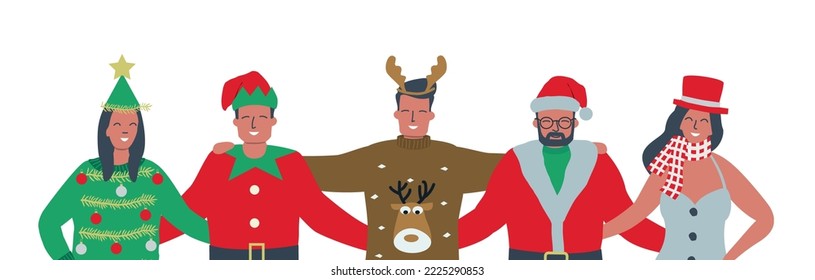 Christmas party. Young people wearing Christmas costumes. Best friends stand together and hug. There is Santa Claus, Christmas tree, Elf, Snowman and Deer in the picture. Vector illustration