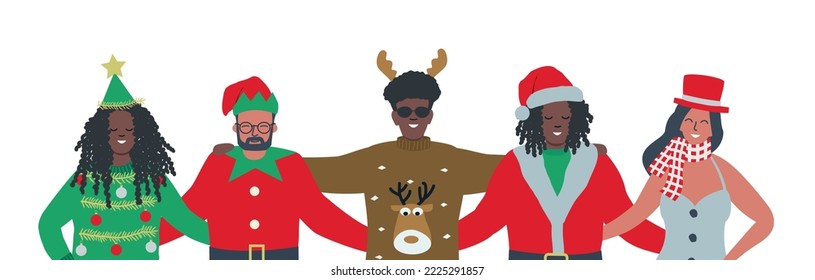 Christmas Party. Young People Wearing Christmas Costumes. Best Friends Hug. There Is Santa Claus, Christmas Tree, Elf, Snowman And Deer In The Picture. Diverse Group Of People. Vector Illustration