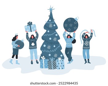 Christmas Party. Young Women Decorate New Year Tree. Best Friends Getting Ready to Celebrate Christmas. Girls Holding Christmas Tree Decorations, Gift Boxes. Vector Illustration in Blue on White