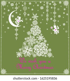 Christmas pastel green greeting craft card with white paper cutting tree with snowflakes and little hanging angels