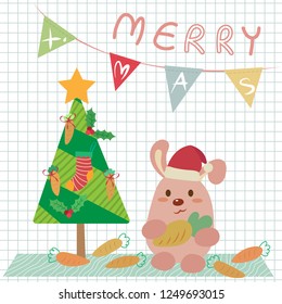 Christmas pastel greeting card vector cartoon. Cute bunny decorating christmas tree with carrot. Christmas pastel cartoon on paper graph.