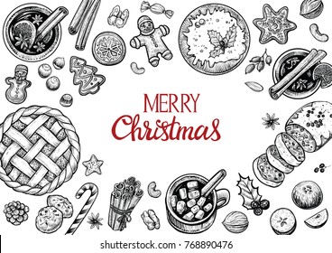 Christmas pastries and confectionery top view frame,  Hand drawn vector graphic illustration. Wintertime food and drinks. Background template for design.