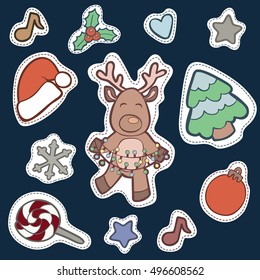 Christmas patch badges with Deer, spruce, fir-tree, star, note, hearts, candy. Set of stickers, patches. Vector doodle illustrations isolated on blue background.