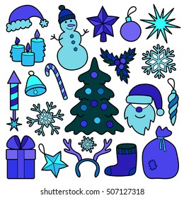 Christmas Patch Blue Set. Pin badges set. Stickers New Year collection. Colorful appliques for denim or clothes