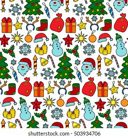 Christmas Patch Seamless Pattern. Pin badges set. Stickers New Year collection. Colorful wallpaper from appliques for denim or clothes.