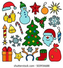 Christmas Patch Set. Pin badges set. Stickers New Year collection. Colorful appliques for denim or clothes