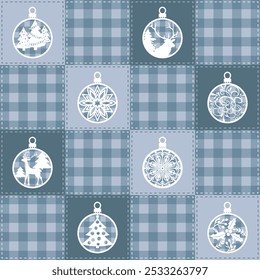 Christmas patchwork checkered plaid, quilt seamless pattern. Winter holidays buffalo plaid baubles. Christmas tartan fabric texture background, vector illustration.