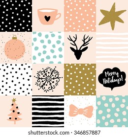 Christmas patchwork illustration. Vector seamless pattern. Snow, deer, star, tree and message Merry Holidays. Blush pink, gold, black, white and light green colors.