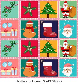 Christmas Patchwork Pattern
Festive Holiday Patchwork Ornament, ball, tree, Santa Claus, snowman, stocking, gift, present