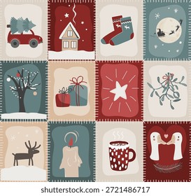 Navidades Patchwork Quilt Seamless Doodle Pattern. Diseño rústico del edredón del remiendo del invierno. Vector de fondo.