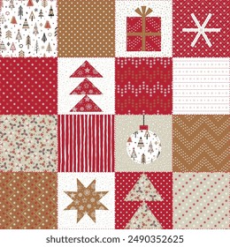 Christmas Patchwork Seamless  pattern. Decorative Abstract Geometric Mosaic Pattern in Folk Style. Quilting Background. Merry Christmas, New Year, Winter Holidays Vector illustration. 