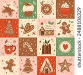 Christmas patchwork seamless pattern with Christmas dessert. Gingerbread houses, cookies hand drawn in winter holiday mosaic background. Tasty quilt vector print, wallpaper, wrap, gift paper, textile.