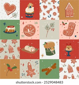 Natal patchwork padrão sem emenda com biscoitos de gengibre, sobremesas, bagas de azevinho. Mão desenhado fofo gengibre casas, cookie em um fundo de mosaico de férias de inverno para papel de parede, têxtil, imprimir