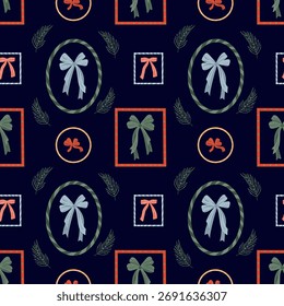 Christmas patchwork seamless pattern on a dark background. Cute holiday framed repeat background. Bow, spruce twig. Geometric elements, borders, frames