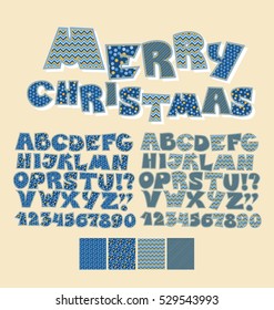 Christmas patchwork style abc font. Alphabet symbol set for xmas lettering. Cute peasant text letters with traditional patterns in blue color