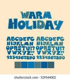 Christmas patchwork style abc font. Alphabet symbol set for xmas lettering. Cute peasant text letters with traditional patterns in blue color