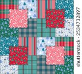 Christmas patchwork style vector seamless pattern. Winter holidays repeat pattern design, plaid, quilt, wallpaper, background.