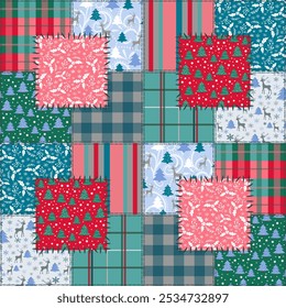 Christmas patchwork style vector seamless pattern. Winter holidays repeat pattern design, plaid, quilt, wallpaper, background.