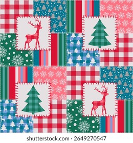 Christmas patchwork style vector seamless pattern. Winter holidays repeat pattern design, plaid, quilt, wallpaper, background with reindeer, fir tree, snowflakes.