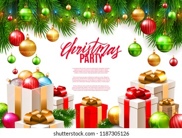 Christmas patry poster background design, decorative colorful balls, gift boxes, fir tree branches, vector illustration