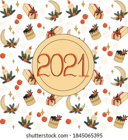 christmas pattern 2021 in orange and beige color with candle, crescent moon and gift