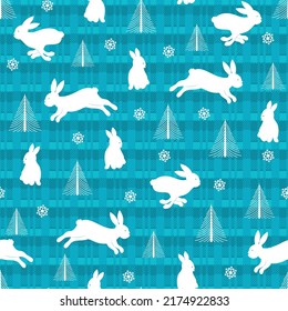 Christmas pattern 2023. White rabbits, snowflakes and tree.
