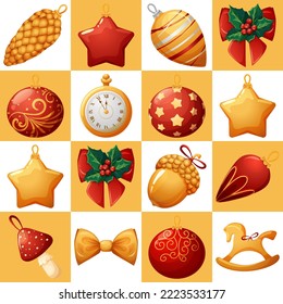 Christmas pattern 4 by 4 gold and white grid with Christmas tree toys in cartoon style