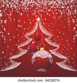 Christmas pattern as abstract red background with new year stars, fir silhouette and red decorations
