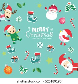 Christmas Pattern, adorable Santa, snowmen, bear, bird, reindeer