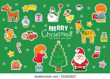 Christmas Pattern, adorable santa, snowmen, bear, owl, bird, reindeer, green