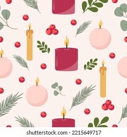 Christmas pattern of advent candles and Christmas decor. Vector graphics