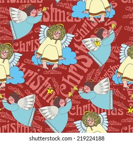 Christmas pattern with angels on a red background. vector