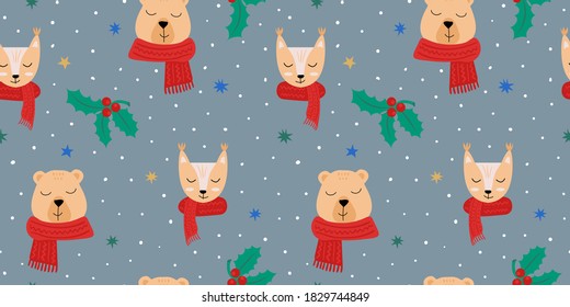 Christmas pattern with animals bear and fox, mistletoes and stars. Colorful vector background for textile, wrapping paper, scrapbooking