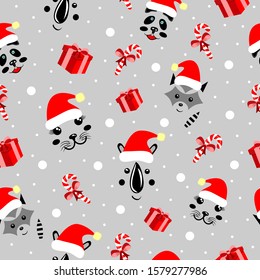 Christmas pattern animals, cute mordochki with new years hats, panda, rhino, sea corner, units, gray backgrounds parapets, ledency, snowflakes eps 10