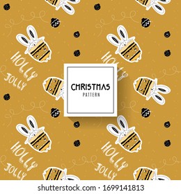 Christmas pattern with animals. Hand drawn bunny with present and text Holly Jolly.