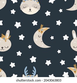 Christmas pattern with animals scandinavian hand drawn seamless pattern. New Year, Christmas, holidays texture for print, paper, design, fabric, background. Vector illustration