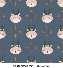 Christmas pattern with animals scandinavian hand drawn seamless pattern. New Year, Christmas, holidays texture for print, paper, design, fabric, background. Vector illustration